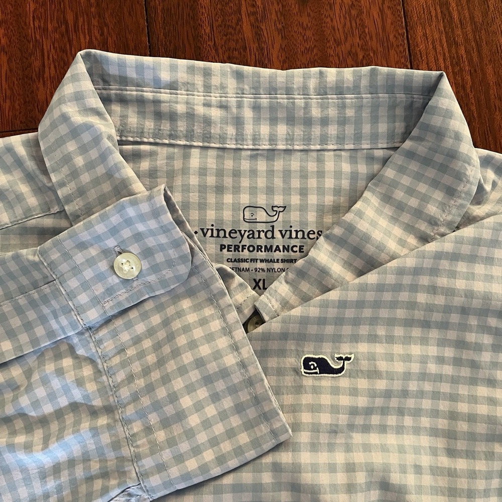 Vineyard Vines Men XL Performance Gingham Blue White Whale Shirt Nylon Logo